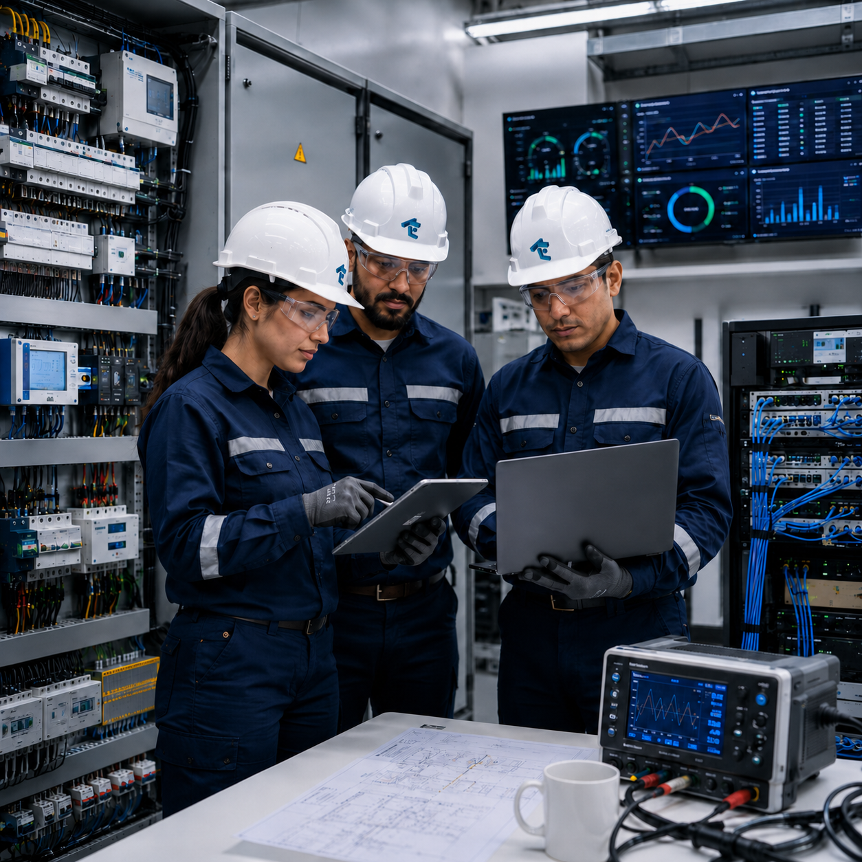 Equipo de especialistas trabajando con sistemas industriales